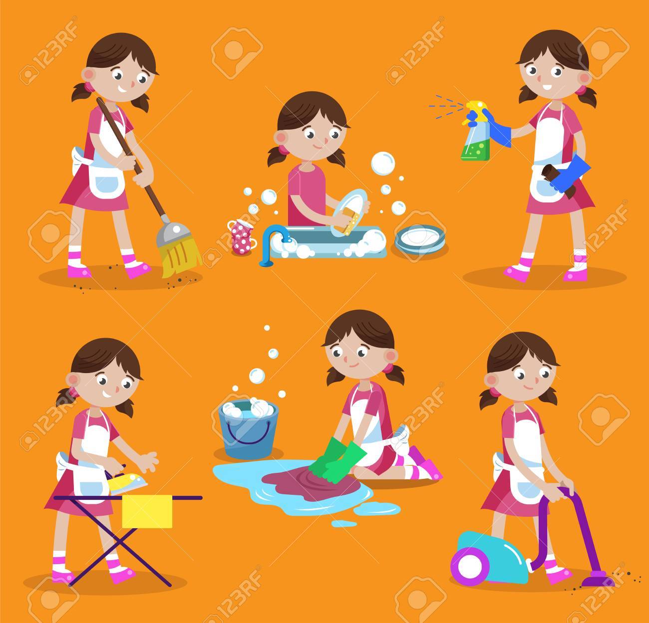 Pulizia illustrazione vettoriale. pulizie di casa. la ragazza è occupata a casa: lavare i piatti, lavare il pavimento, il ferro, il vuoto, spazzare, ... Pulizie di casa