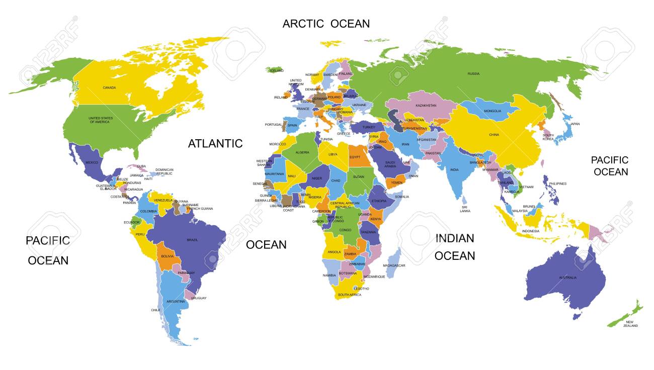 Colorful World Map Countries. High Detail Political Map With Country Names. Vector Illustration. Royalty Free Cliparts, Vectors, And Stock Illustration. Image 145760858.