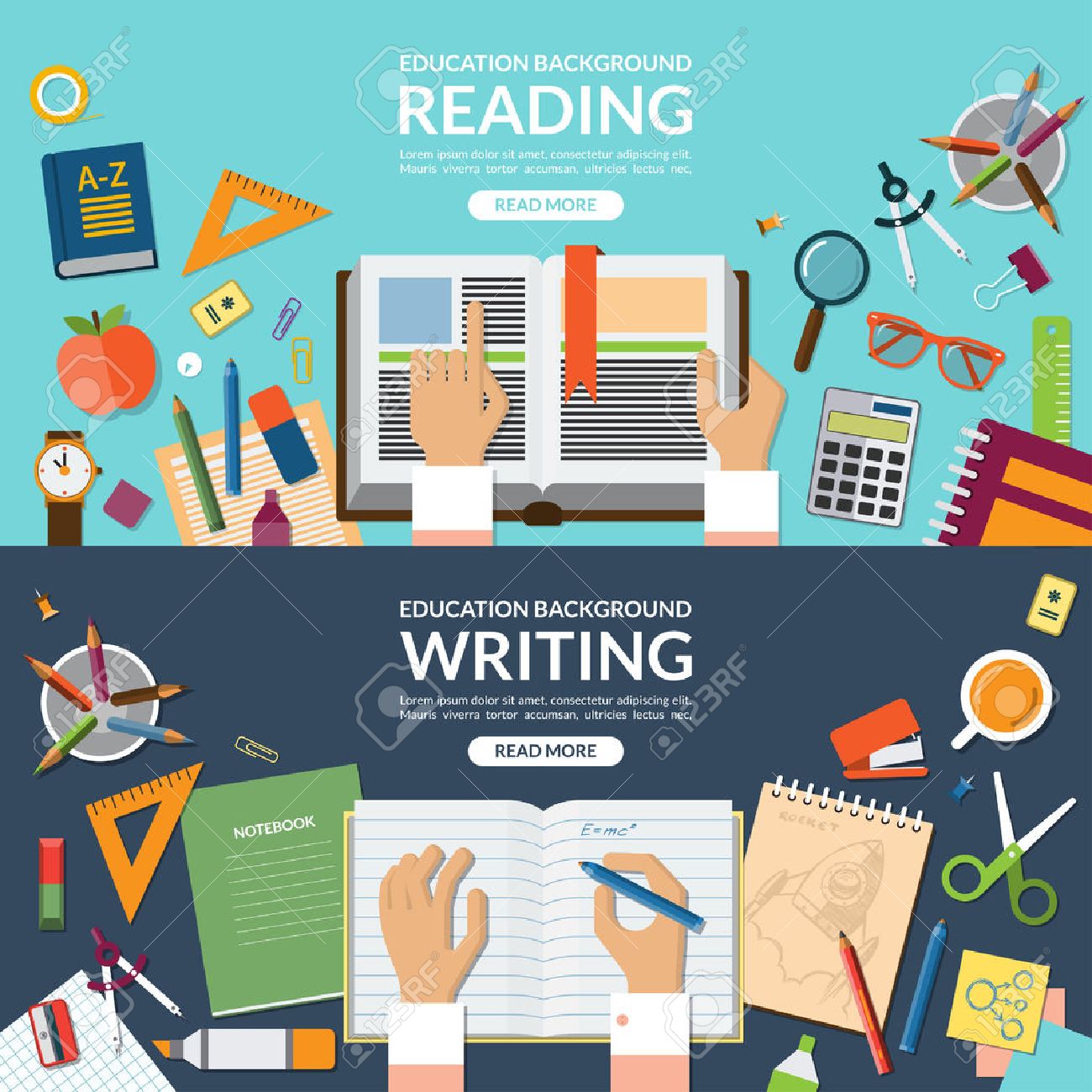 School And Education Reading And Writing Concept Banner Set - 