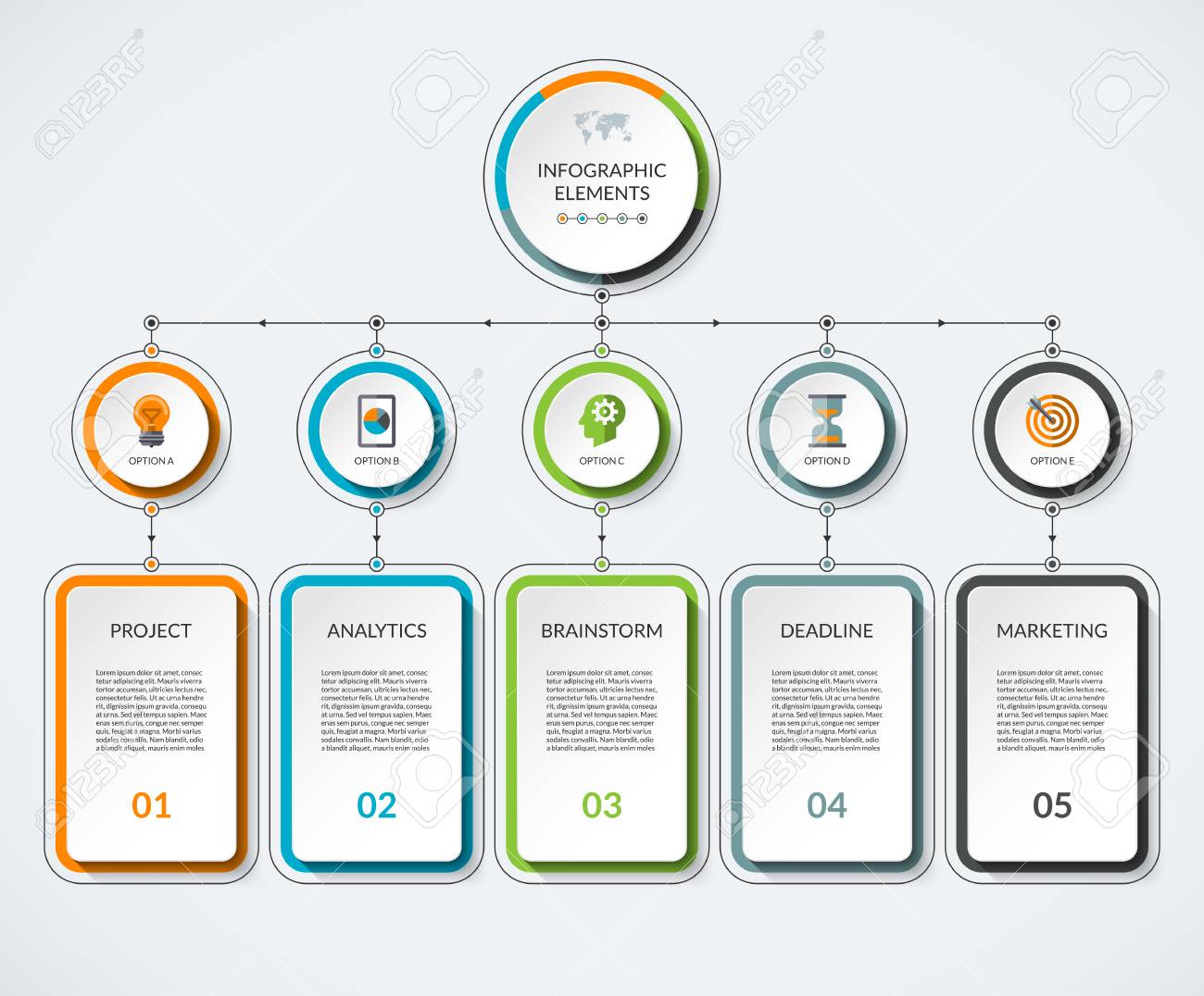 infographic template with 5 option circles and columns modern