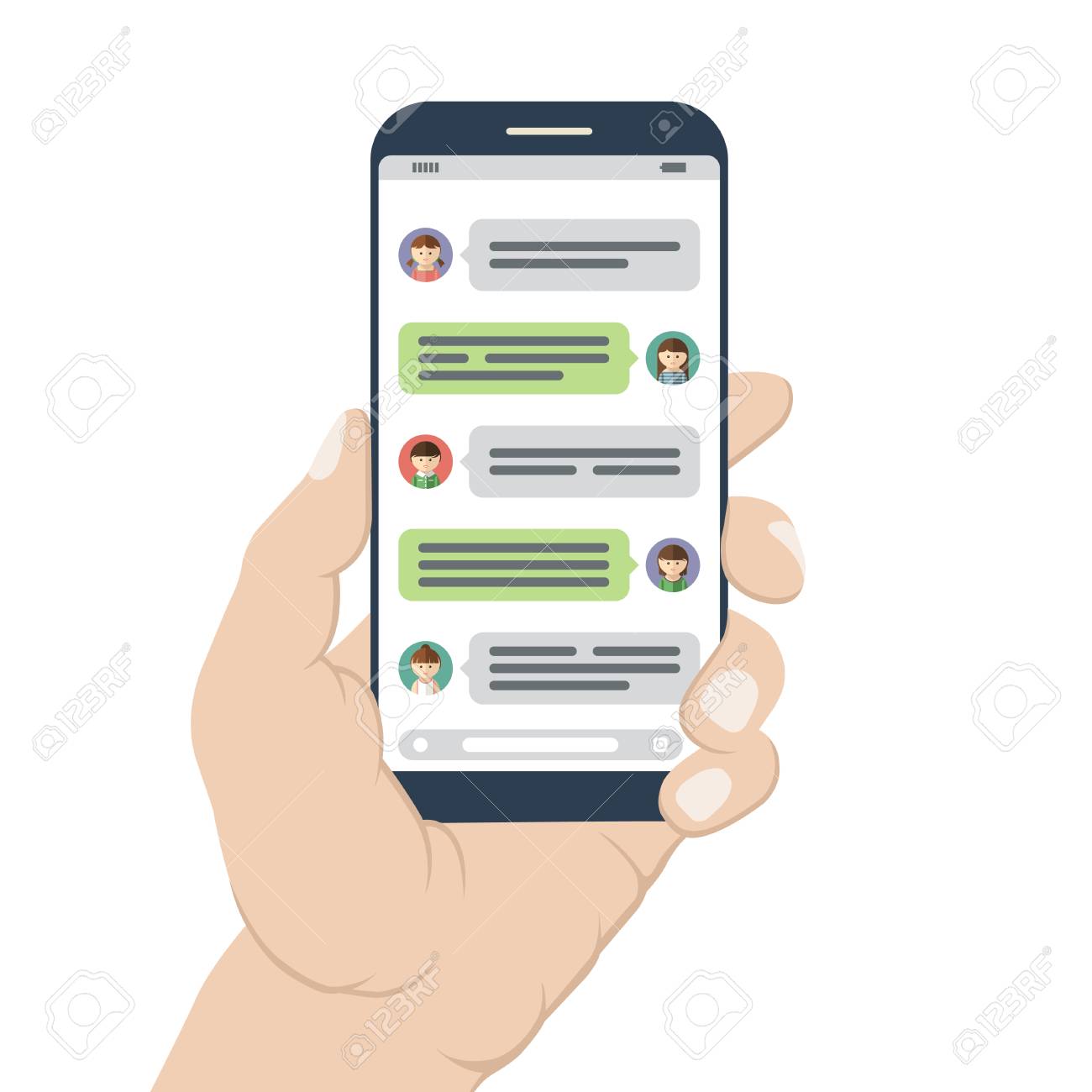 Chatting And Messaging On Mobile Phone Hand Holding A Smartphone With Opened Messenger App Window Social Network Concept Vector Illustration Isolated On White Background Royalty Free Cliparts Vectors And Stock Illustration Image