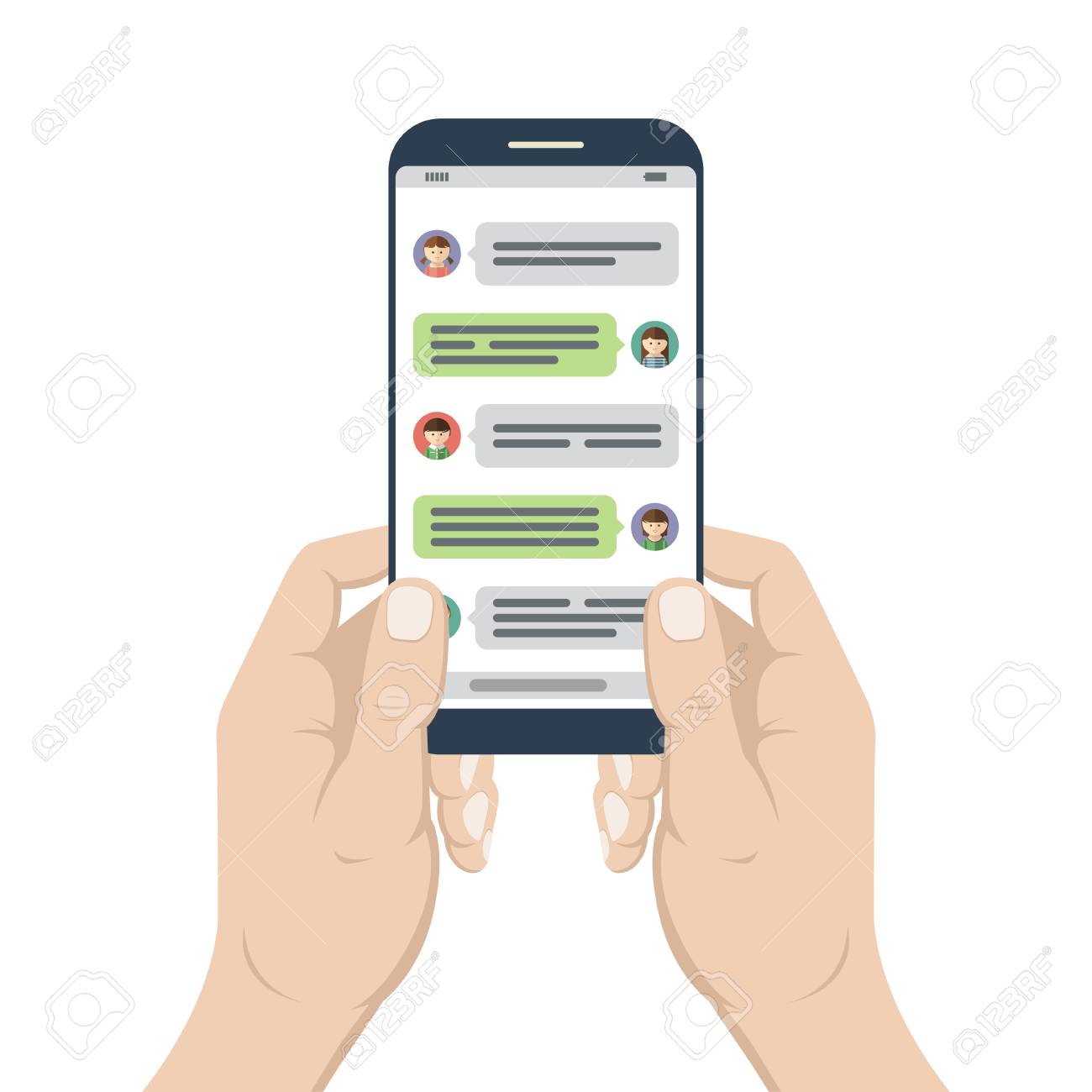 Chatting And Messaging Smartphone In Hands With Opened Messenger App Window Mobile Phone Chat Message Notifications Social Network Online Conversation Concept Vector Illustration Royalty Free Cliparts Vectors And Stock Illustration Image