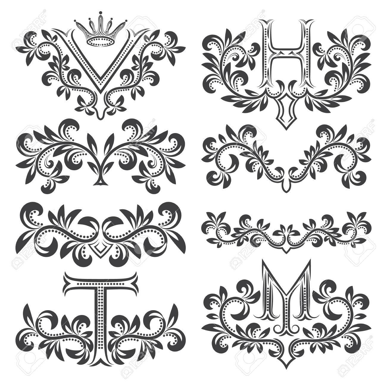 デザイン装飾的な要素とモノグラム セット ヴィンテージ バロック様式の花のタトゥー ビンテージ ページの華やかな装飾です のイラスト素材 ベクタ Image