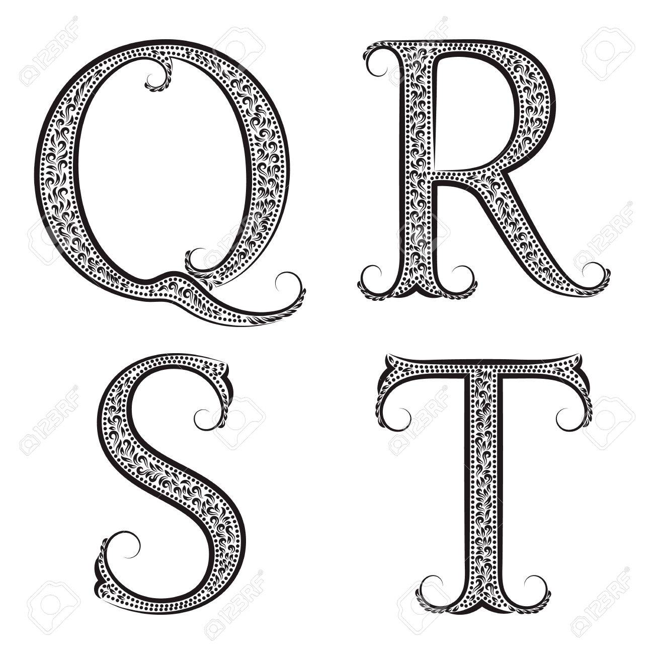 q r s t vintage patterned letters font in floral baroque letters font style