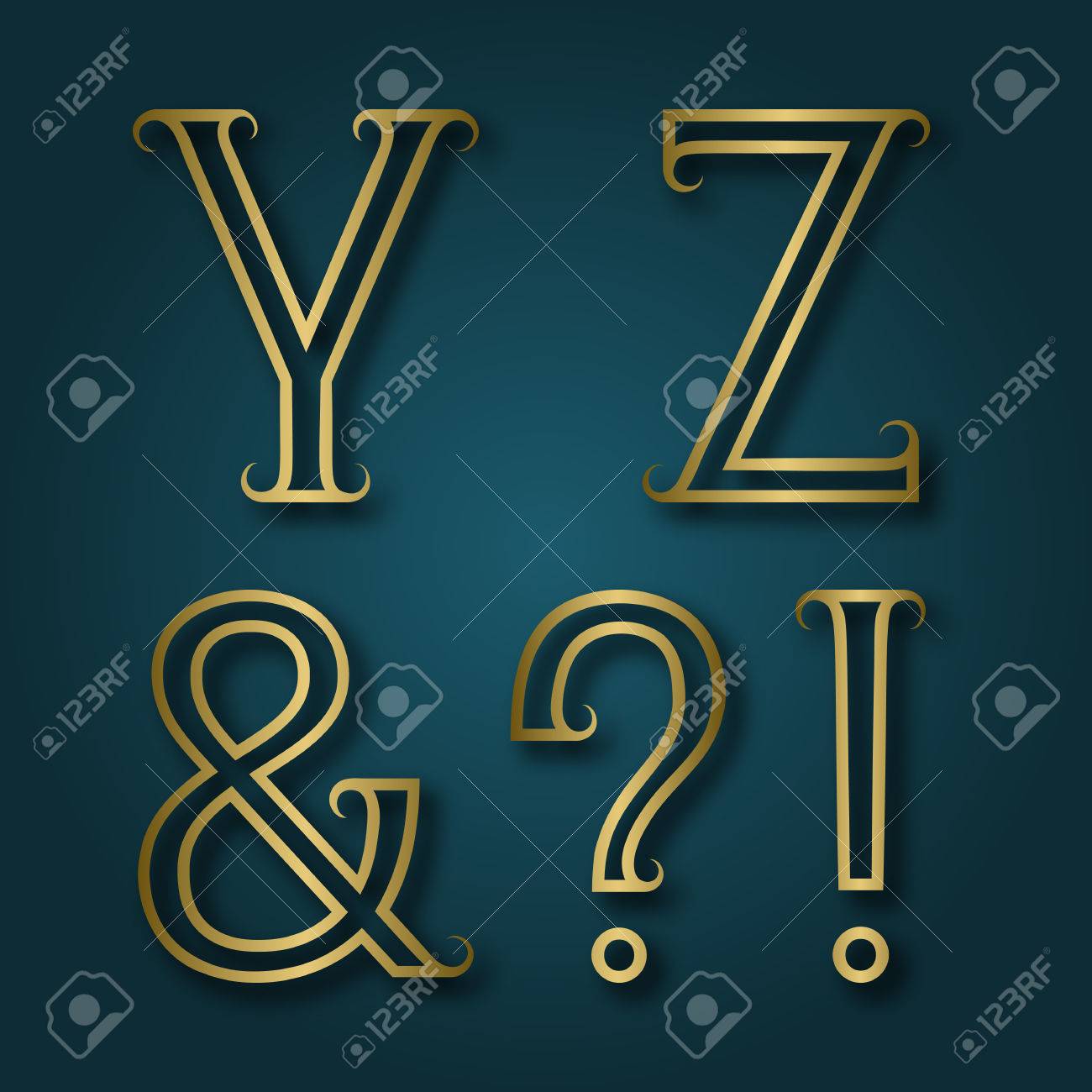 Y Z Lettres Dorees Brillantes Esperluette Exclamation Et Points D Interrogation Avec L Ombre Police De Contour Avec Des Fioritures Tapez Dans Le Style Art Deco Clip Art Libres De Droits Vecteurs Et