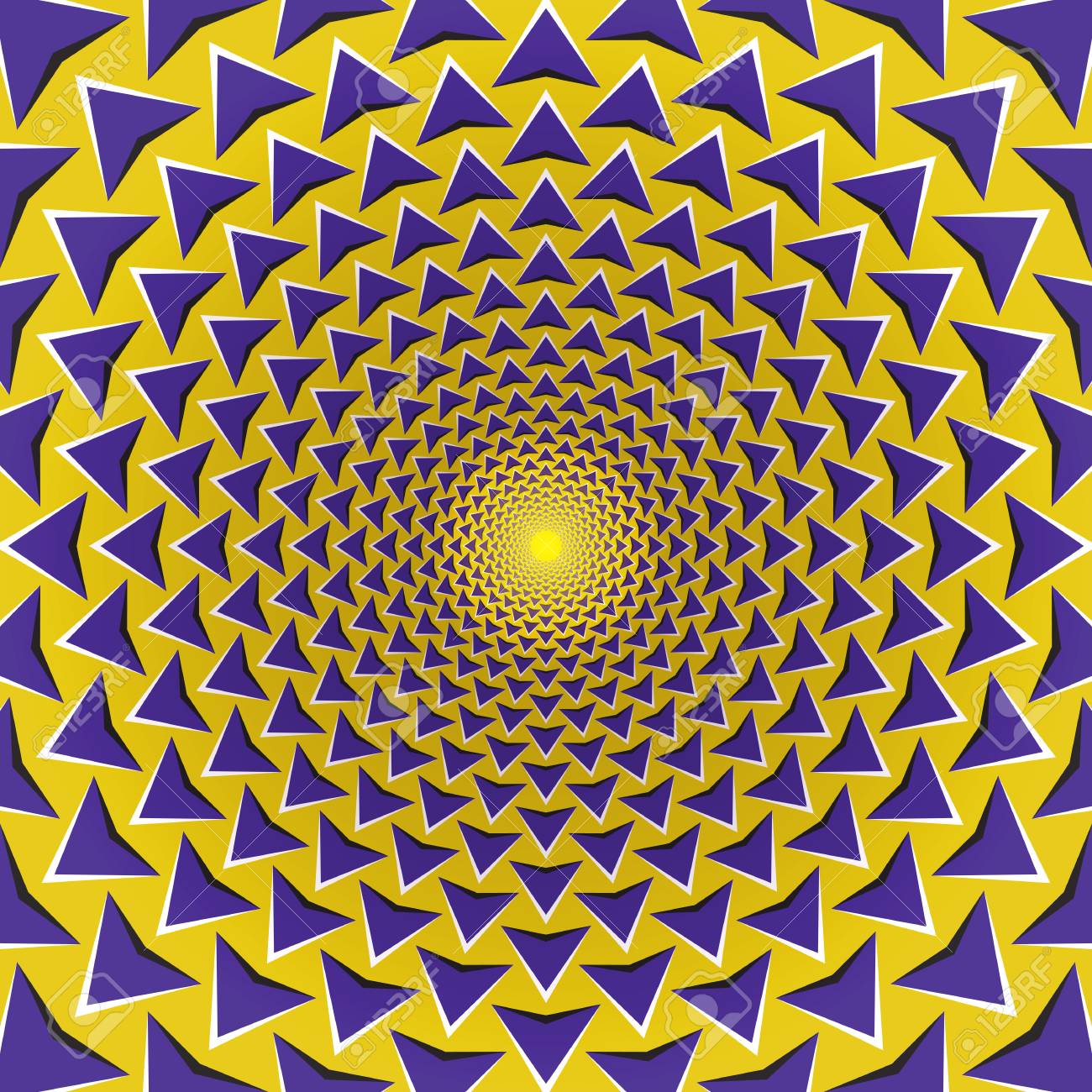 錯視の背景 紫色の矢印は 黄色の背景の中心から円形に飛びます 黄色の紫色のモーションの背景 のイラスト素材 ベクタ Image 93459026