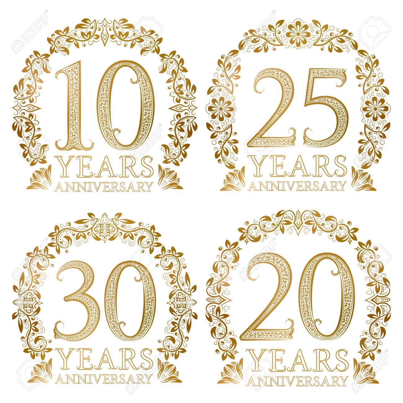ゴールデンアニバーサリーシールのセット 10 25 30年はヴィンテージスタイルのサイン のイラスト素材 ベクタ Image