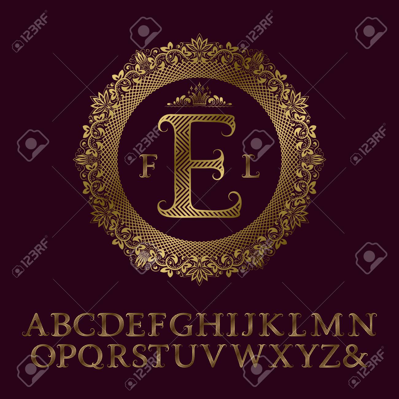 ジグザグは 王冠と丸い花のフレームで金の文字と最初のモノグラムをストライプ アイコンデザインのためのエレガントなフォント 孤立した英語のヴィンテージアルファベット のイラスト素材 ベクタ Image
