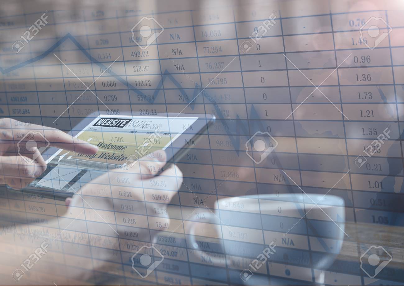 digital composite of hands with tablet in cafe and blue graph graph paper overlay