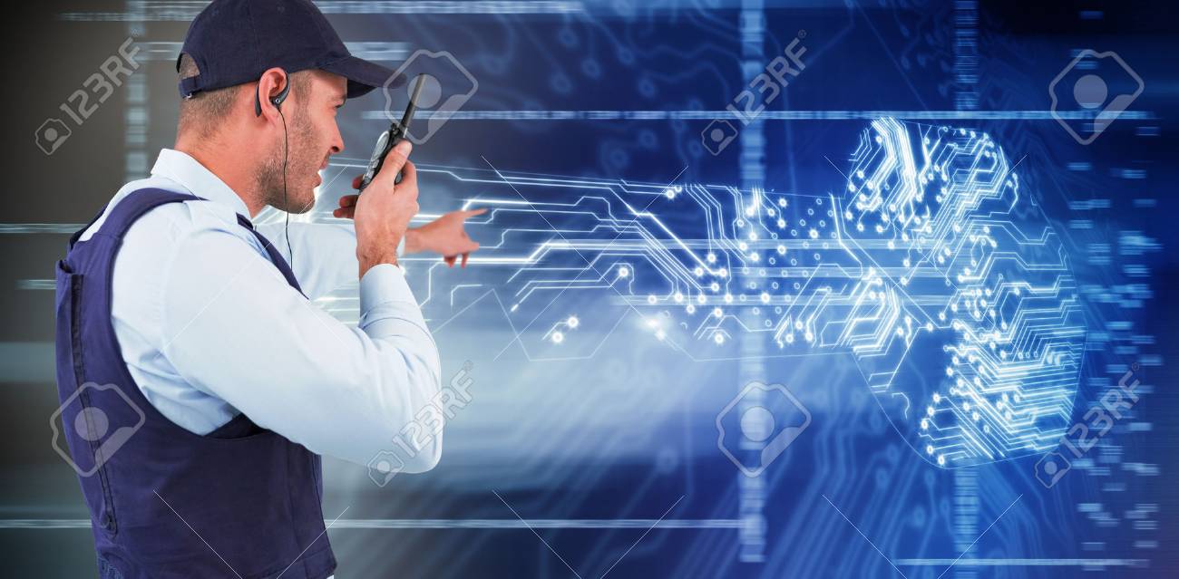 Side view of security officer talking on walkie talkie against virus background - 79220896 Side view of security officer talking on walkie talkie against virus background - 79220896