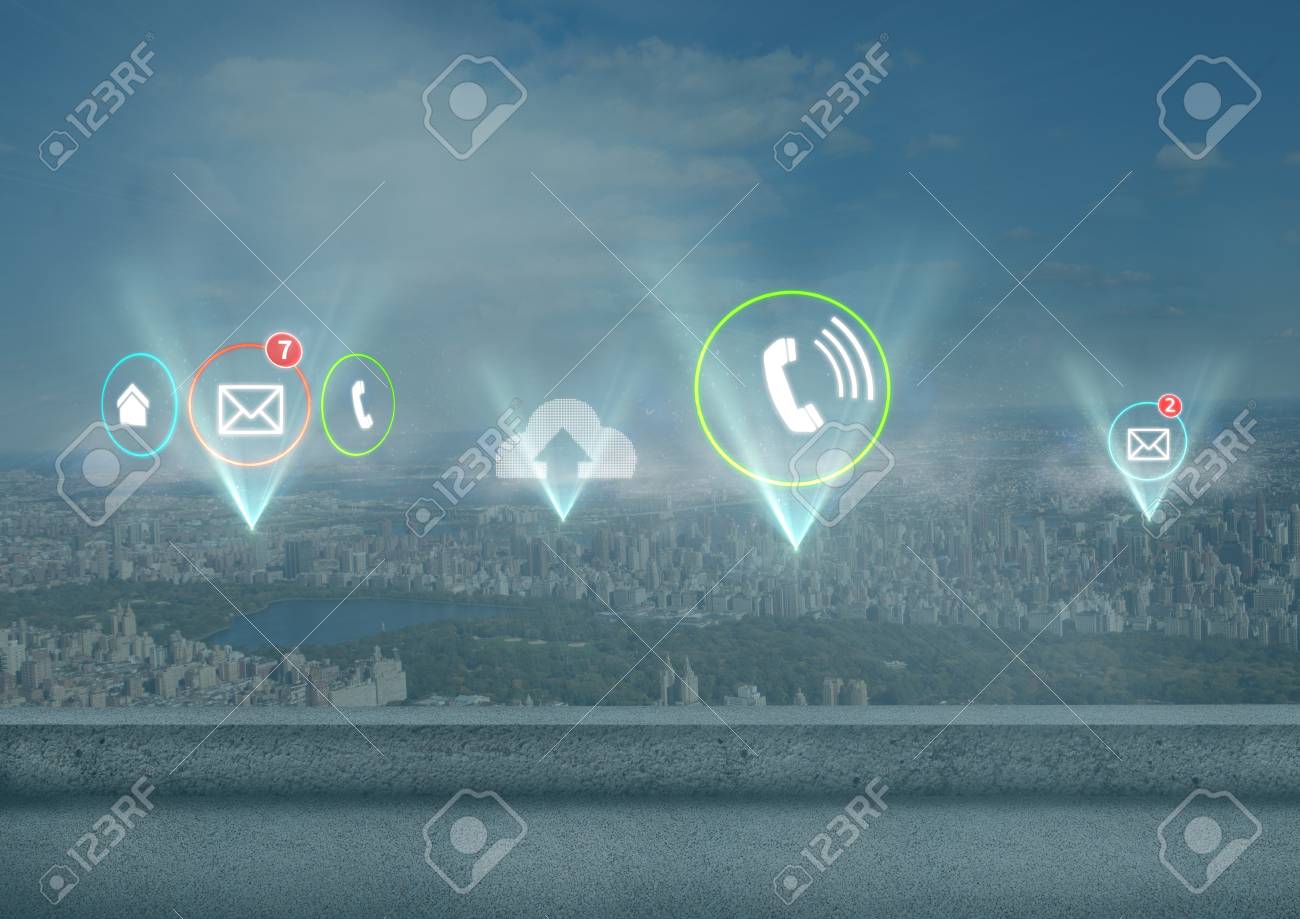 Digitale Samenstelling Van Diverse App Pictogrammen Die Over Stad ... Digitale Samenstelling Van Diverse App Pictogrammen Die Over Stad ...