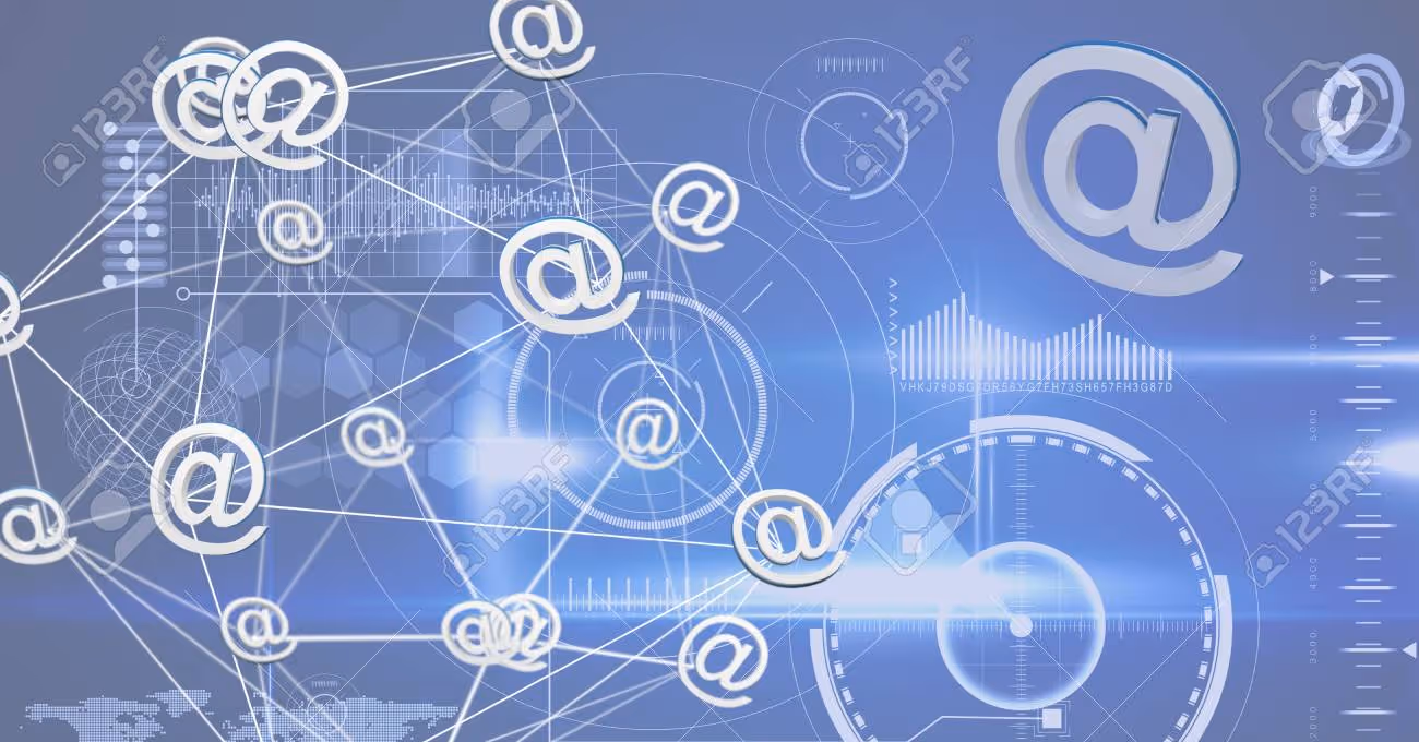 Digital composite of 3D @ icons and technology background - 91437552 Digital composite of 3D @ icons and technology background - 91437552