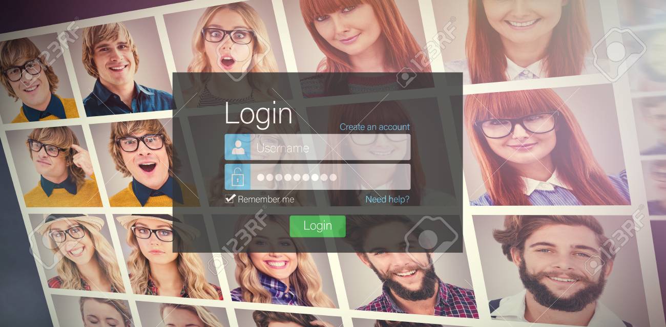 close up of login page against collage of portraits stock photo