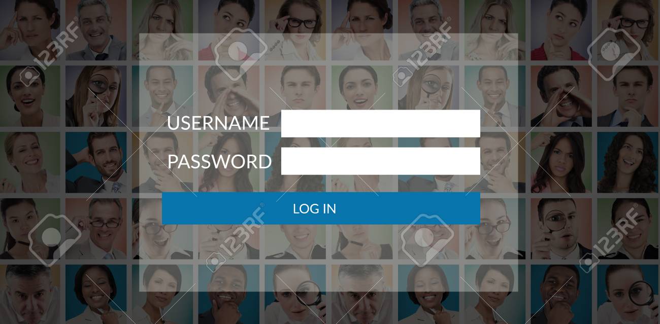 login page against people collage portrait 5x5 stock photo picture