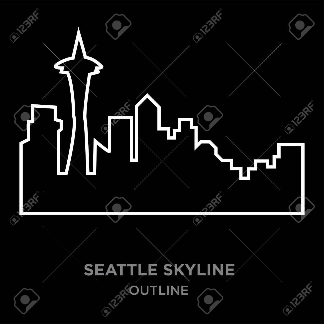 黒の背景に白いボーダーシアトルのスカイラインのアウトライン ベクトルのイラストのイラスト素材 ベクタ Image