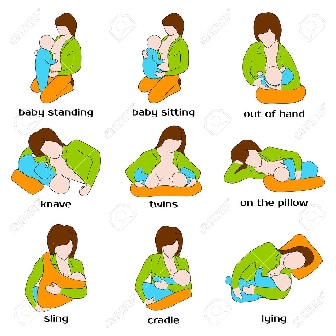Poses for breastfeeding. Woman breastfeeding a child in different poses. Baby standing, sling, twins, on the pillow, baby sitting, out of hand. Woman breastfeeding twins. Vector illustration. - 45731095 Poses for breastfeeding. Woman breastfeeding a child in different poses. Baby standing, sling, twins, on the pillow, baby sitting, out of hand. Woman breastfeeding twins. Vector illustration. - 45731095
