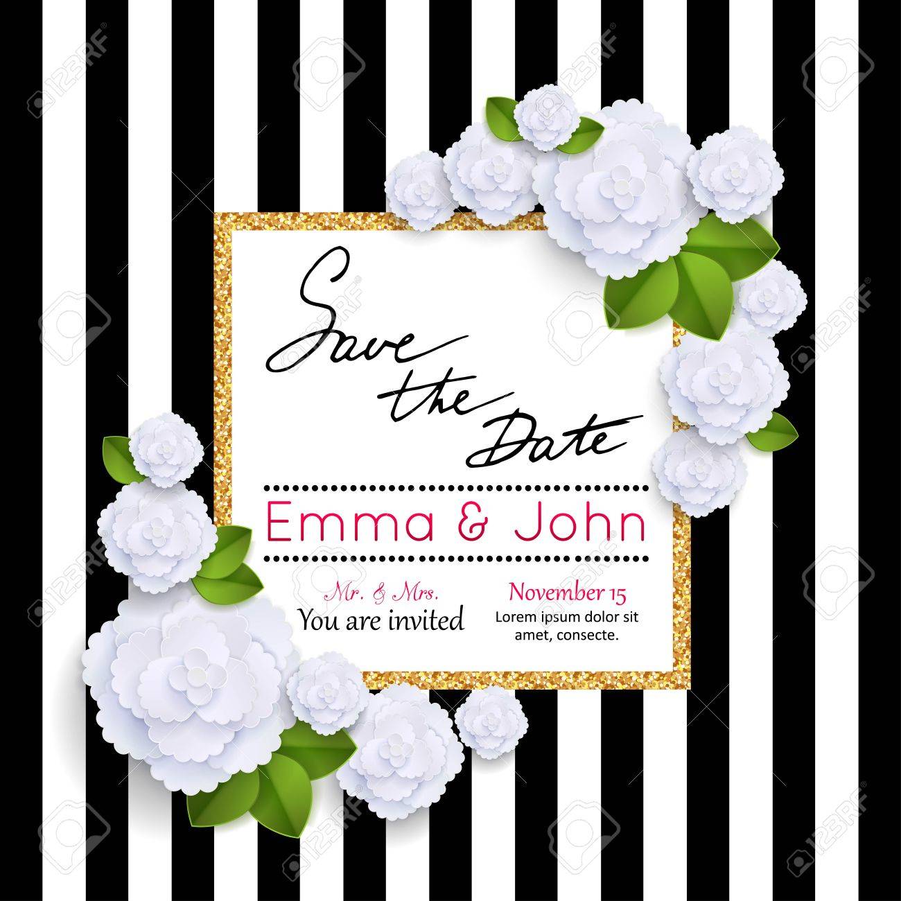 Save the date cards with paper flowers and gold frame. Marriage invitation card. Wedding invitation card. Vector illustration. - 55411167 Save the date cards with paper flowers and gold frame. Marriage invitation card. Wedding invitation card. Vector illustration. - 55411167