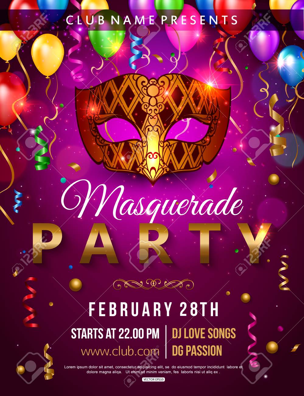 masquerade party flyer design with carnival mask balloon confetti