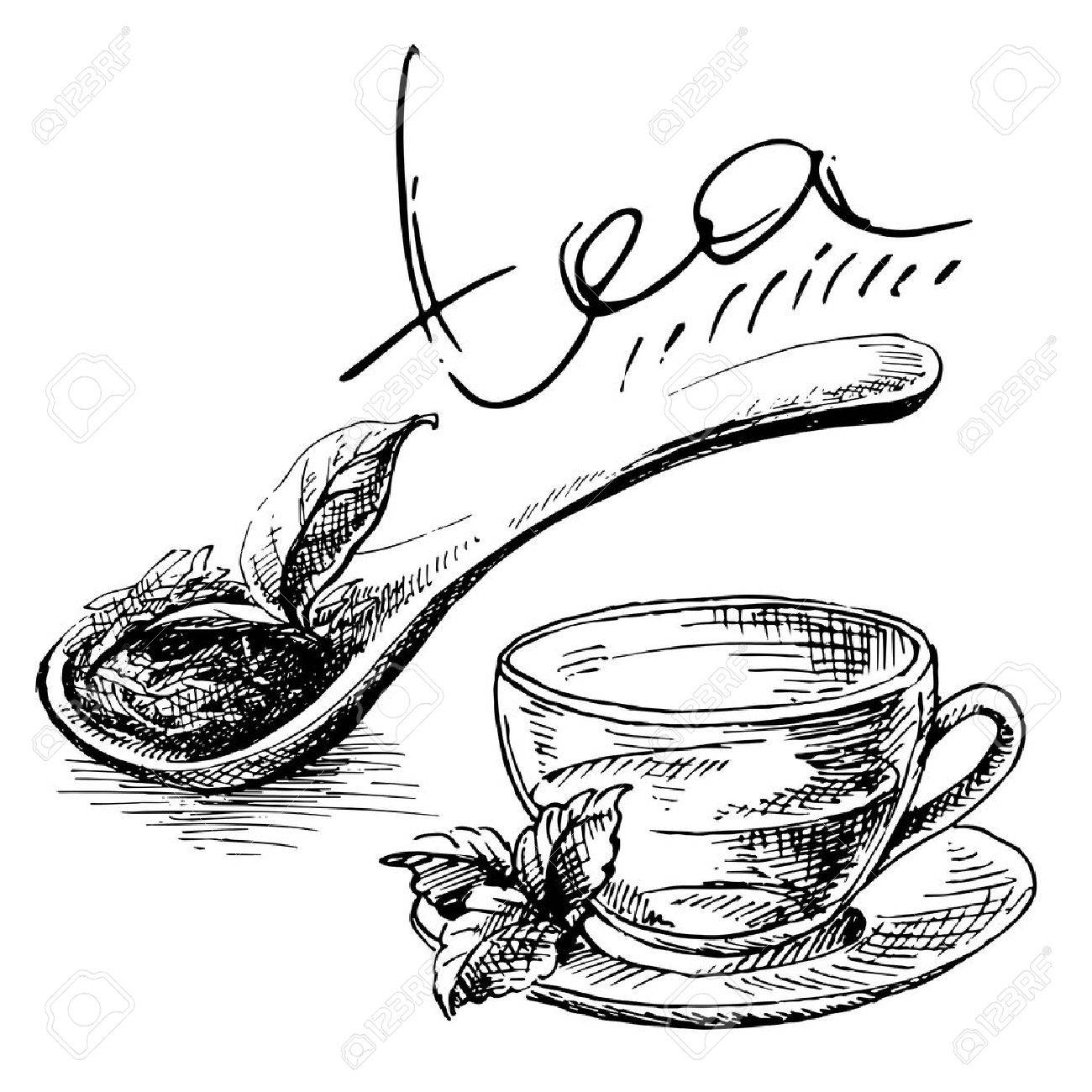 茶葉は グラフィック スタイル 手描きのベクトル図で紅茶のカップと木のスプーン のイラスト素材 ベクタ Image