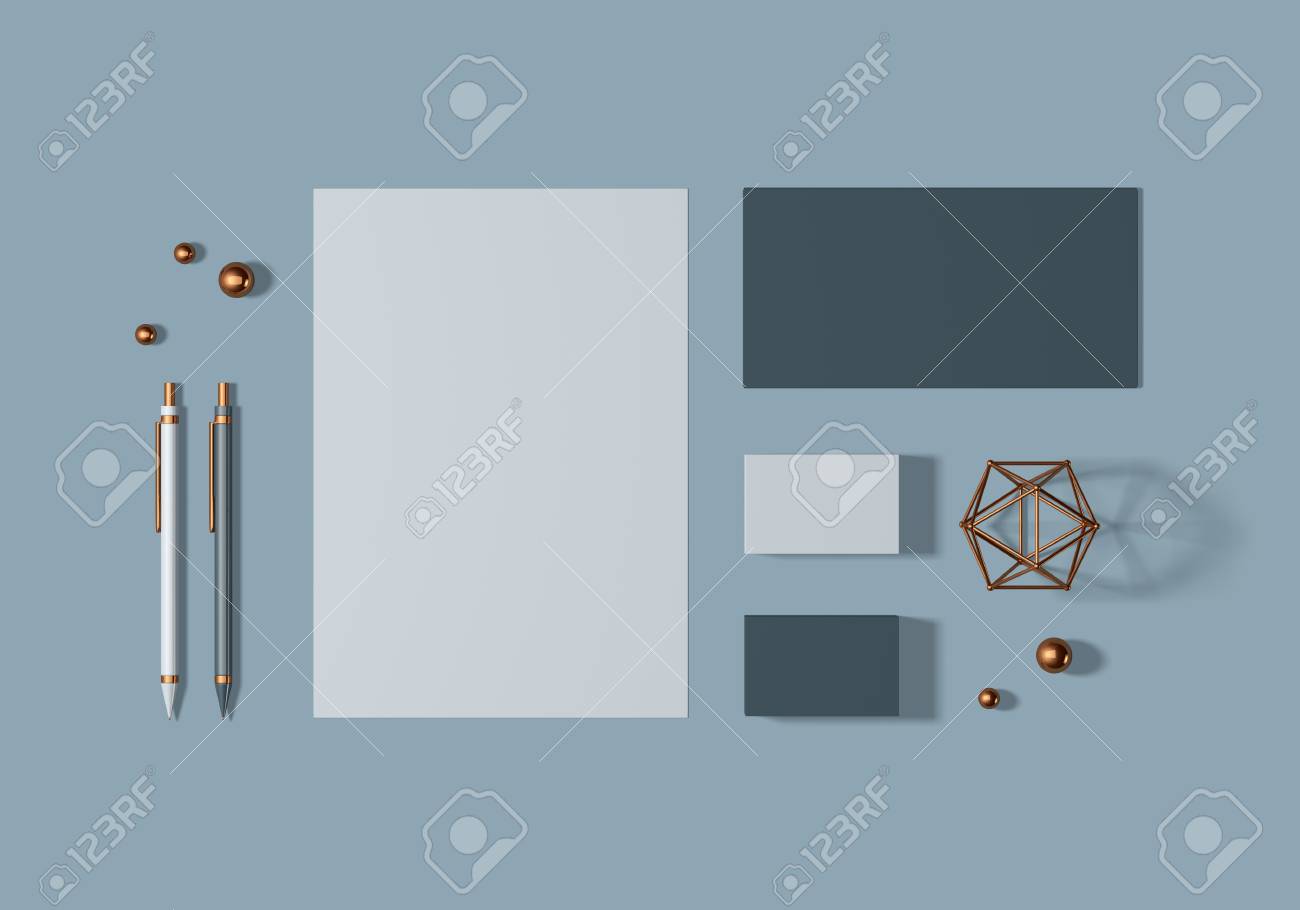 Grey and blue base stationery mockup template for branding identity for graphic designers presentations and portfolios. 3D rendering. - 104620005 Grey and blue base stationery mockup template for branding identity for graphic designers presentations and portfolios. 3D rendering. - 104620005