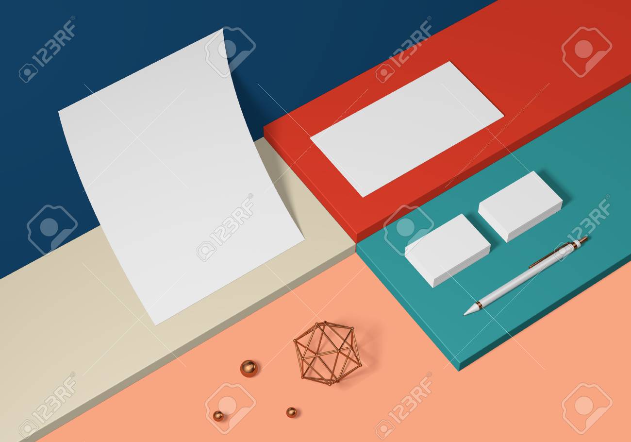 White base stationery mockup template on a colored background for branding identity for graphic designers presentations and portfolios. 3D rendering. - 104525895 White base stationery mockup template on a colored background for branding identity for graphic designers presentations and portfolios. 3D rendering. - 104525895