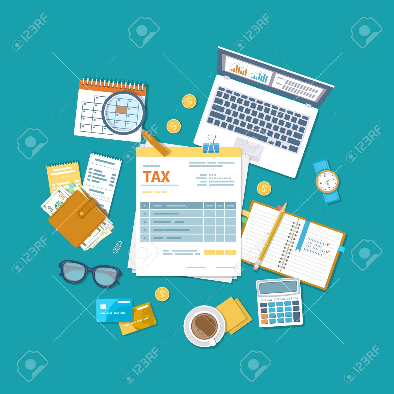 Tax payment concept. State Government taxation, calculation of tax return. Unfilled blank tax form, calendar, magnifier, money, notebook, calculator, coins, glasses, watches, documents, computer. - 150957417 Tax payment concept. State Government taxation, calculation of tax return. Unfilled blank tax form, calendar, magnifier, money, notebook, calculator, coins, glasses, watches, documents, computer. - 150957417