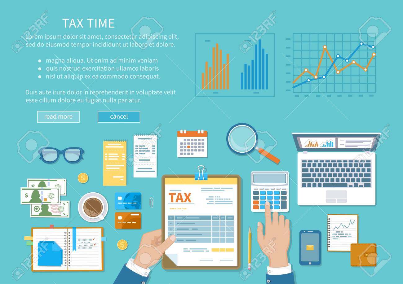 Tax payment concept. State Government taxation, calculation of tax, return. Unfilled blank tax form, calendar, magnifier, money, notebook, calculator, coins, glasses, watches, documents, laptop. - 150959898 Tax payment concept. State Government taxation, calculation of tax, return. Unfilled blank tax form, calendar, magnifier, money, notebook, calculator, coins, glasses, watches, documents, laptop. - 150959898