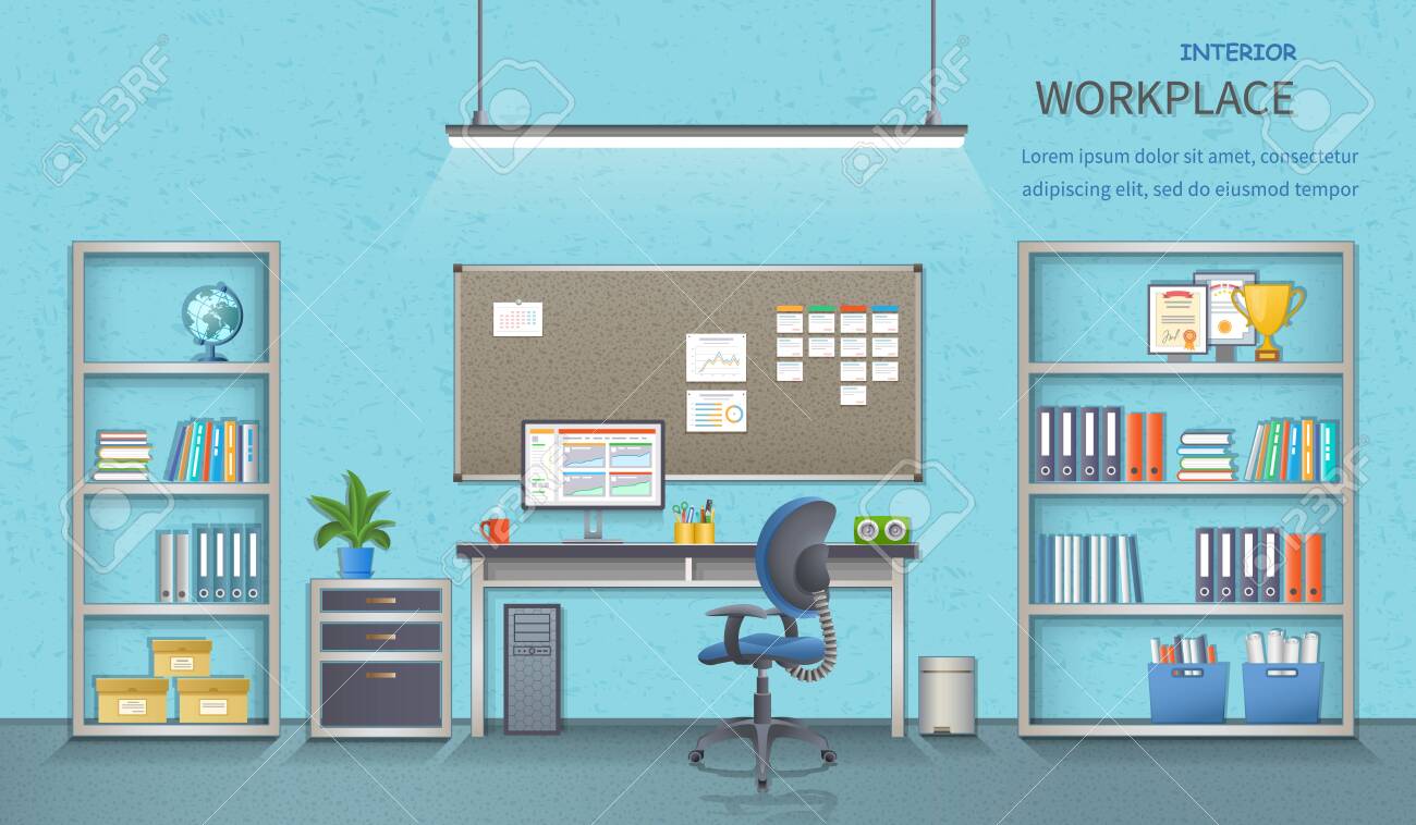 Stylish and modern office workplace. Room interior with desk, armchair, monitor, note-board, office supplies, flowerpot, globe, folders, documents. Detailed vector illustration for web banner. - 153792023 Stylish and modern office workplace. Room interior with desk, armchair, monitor, note-board, office supplies, flowerpot, globe, folders, documents. Detailed vector illustration for web banner. - 153792023