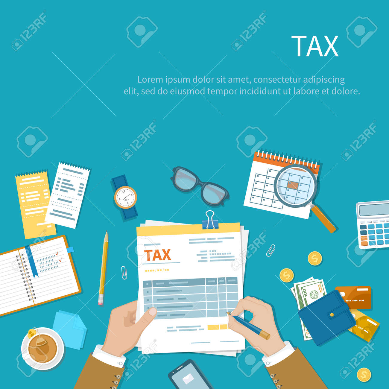 Tax calculation payment concept. Businessman fills the form of taxation. Forms, documents, wallet, credit cards, calculator, tea, glasses, notebook, calendar. Vector illustration background - 155410464 Tax calculation payment concept. Businessman fills the form of taxation. Forms, documents, wallet, credit cards, calculator, tea, glasses, notebook, calendar. Vector illustration background - 155410464