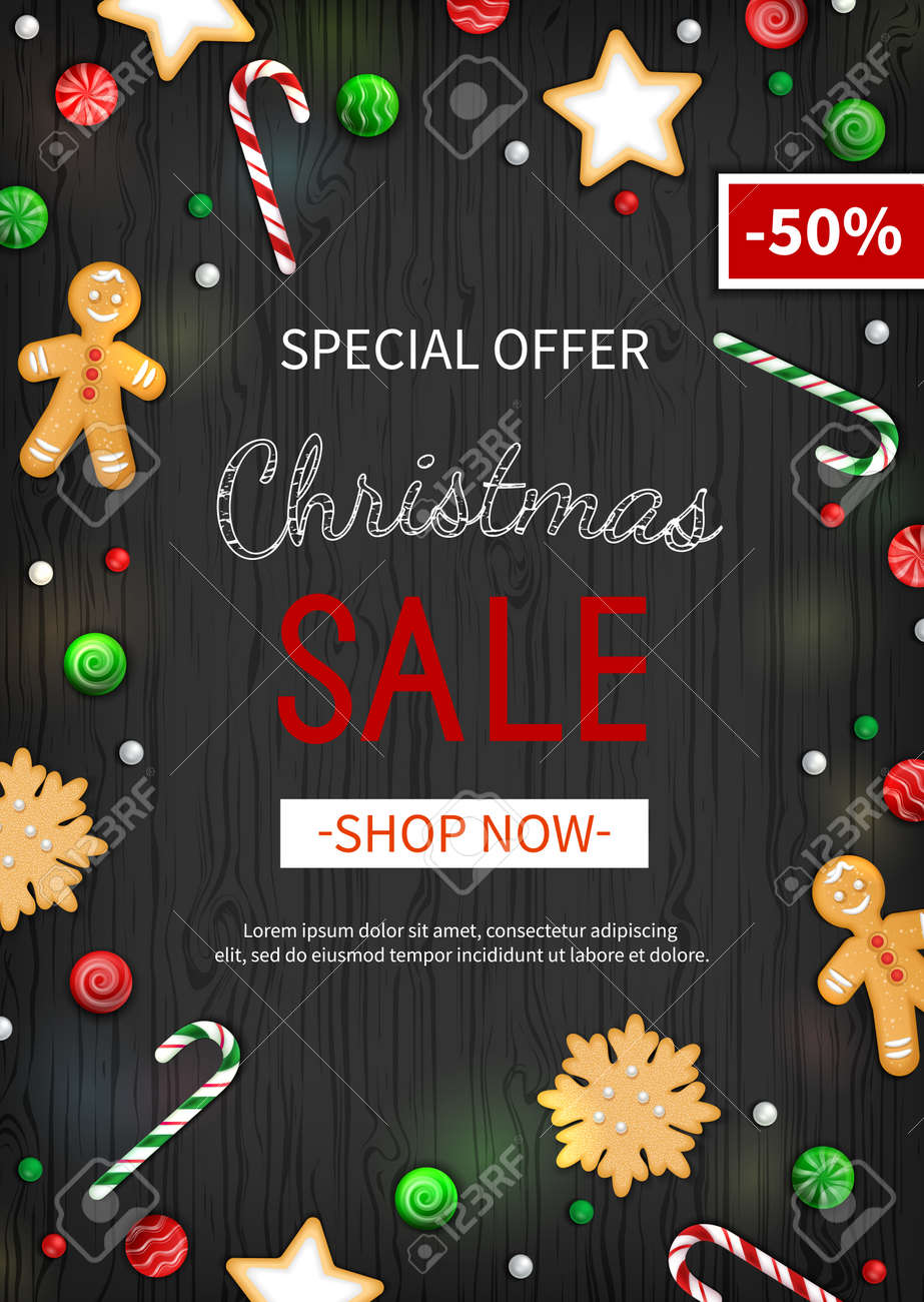 Special offer Christmas Sale. Vertical Discount flyer, big seasonal sale. Web banner with holiday sweets- lollipops, candy cane, cookies, gingerbread Man. Xmas Greeting Card on black wooden background - 155836501 Special offer Christmas Sale. Vertical Discount flyer, big seasonal sale. Web banner with holiday sweets- lollipops, candy cane, cookies, gingerbread Man. Xmas Greeting Card on black wooden background - 155836501