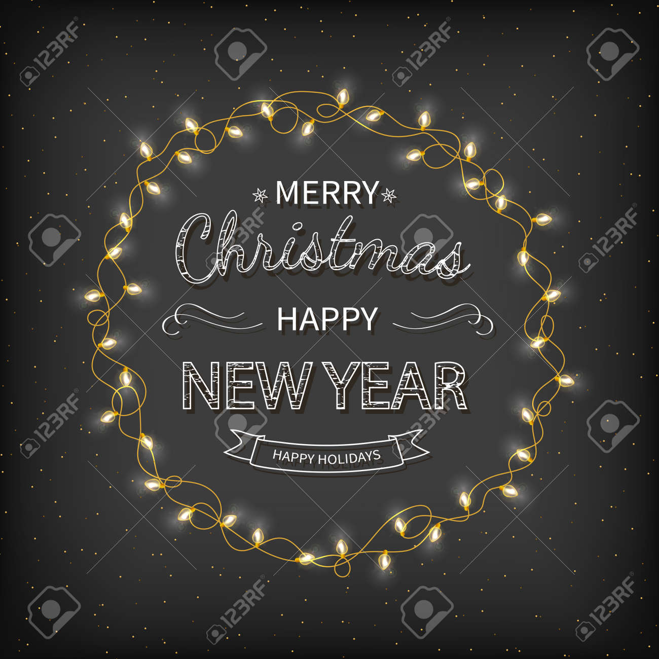 Merry Christmas and Happy New Year Greeting Background. Beautiful lettering with garlands, golden confetti tinsel on a black background. Xmas card Vector illustration - 155836507 Merry Christmas and Happy New Year Greeting Background. Beautiful lettering with garlands, golden confetti tinsel on a black background. Xmas card Vector illustration - 155836507