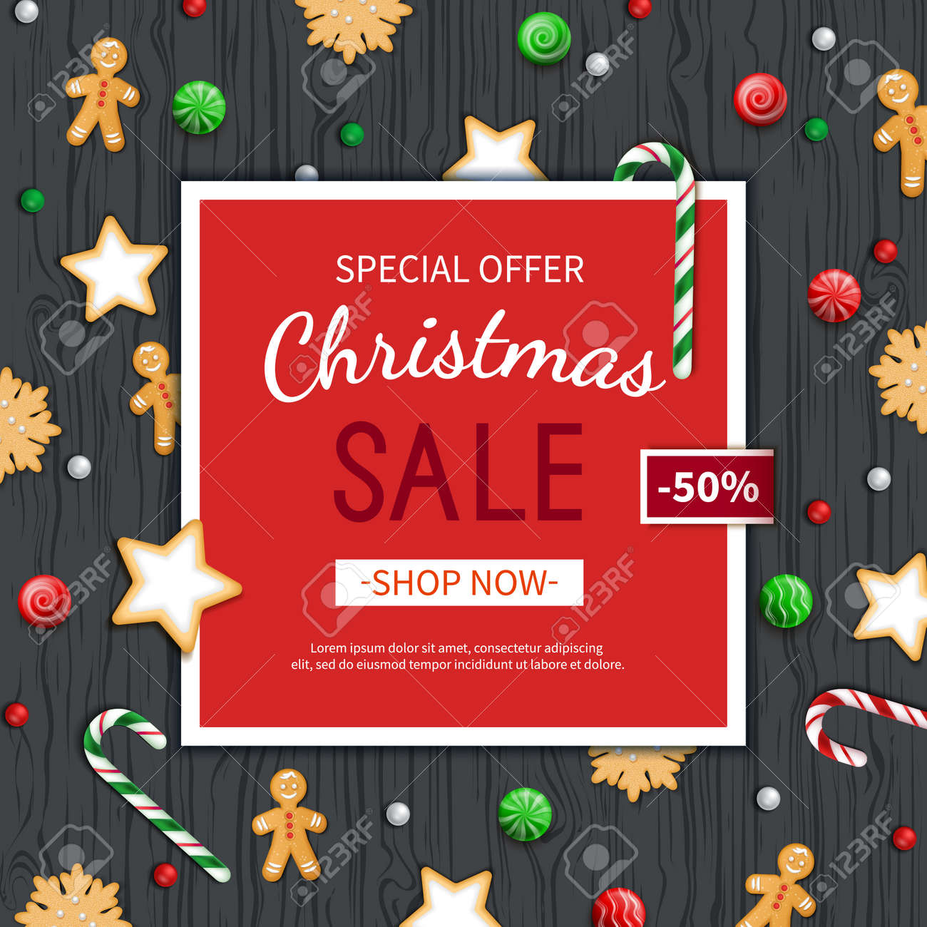 Christmas sale flyer template. Poster, card, label, background, banner on red frame with sweets on a wooden black table. Special seasonal offer. Vector illustration. Top view - 156941409 Christmas sale flyer template. Poster, card, label, background, banner on red frame with sweets on a wooden black table. Special seasonal offer. Vector illustration. Top view - 156941409