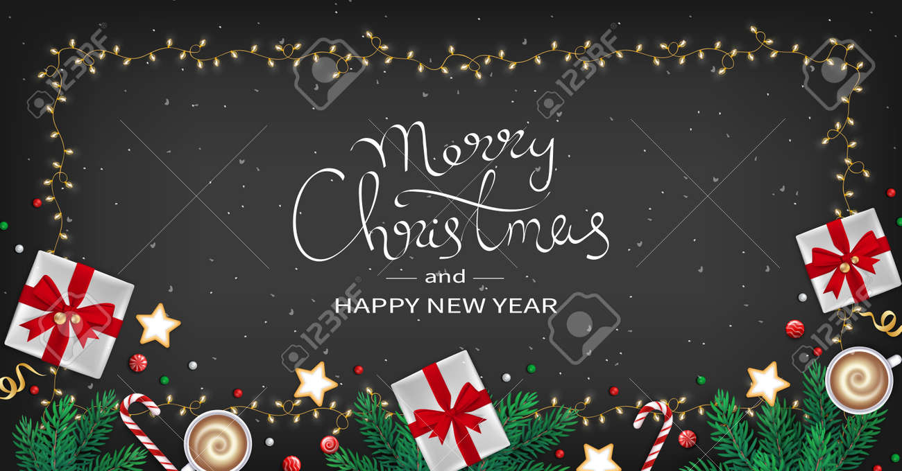 Merry Christmas and Happy New Year Greeting flyer. Winter Elements fir branches, paper gifts boxes, cup of coffee, cookies, sweets, ribbons in the frame of garlands. Black background.Top View. Vector - 159604043 Merry Christmas and Happy New Year Greeting flyer. Winter Elements fir branches, paper gifts boxes, cup of coffee, cookies, sweets, ribbons in the frame of garlands. Black background.Top View. Vector - 159604043