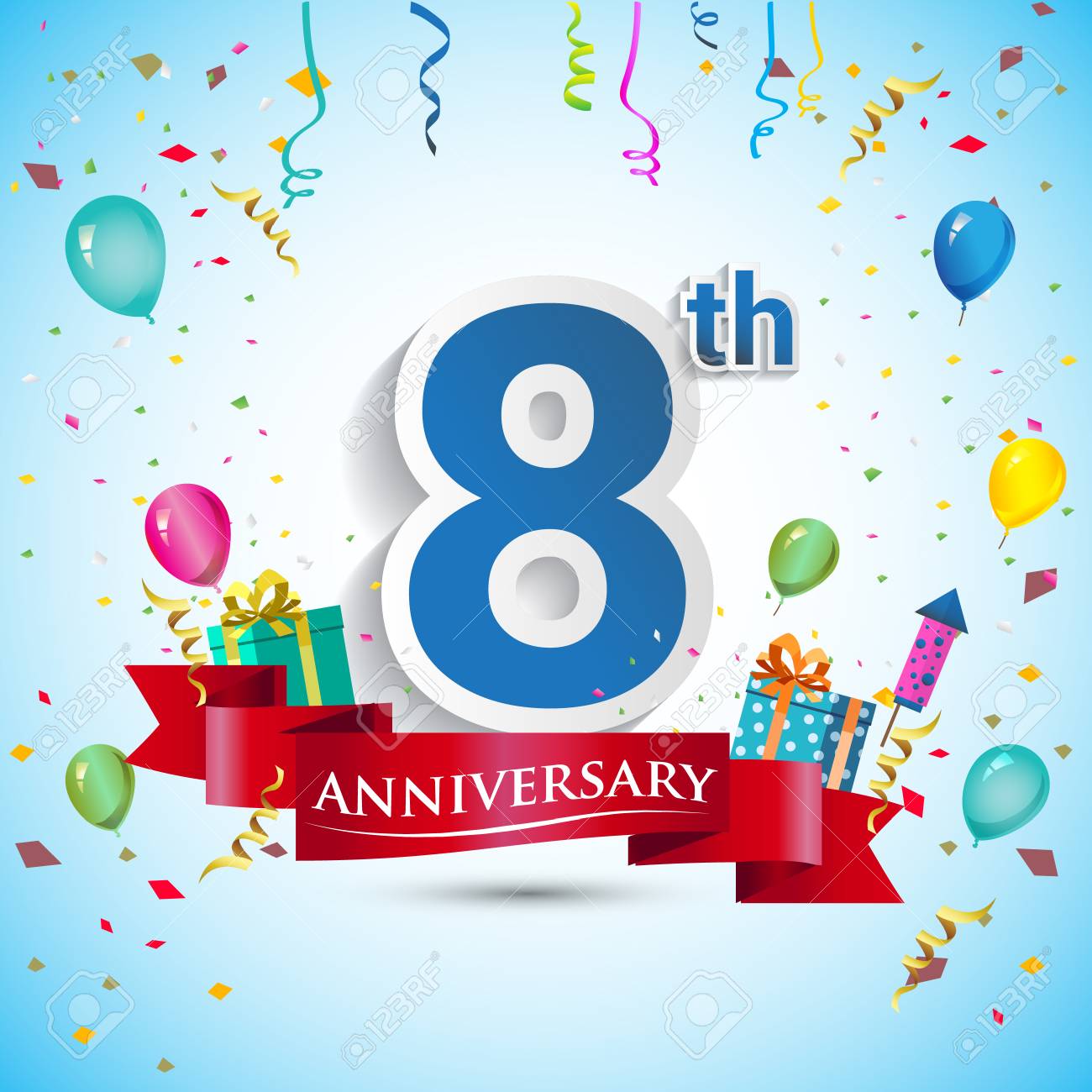 8th year anniversary celebration design with gift box and balloons