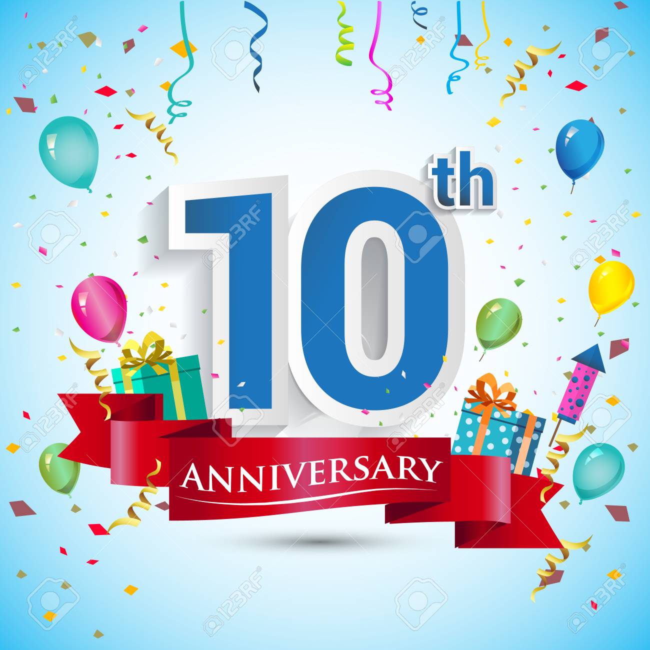 10 年周年記念お祝いデザイン ギフト ボックス バルーン ブルーリボン カラフルなベクトル テンプレート用の要素で 10 歳の誕生日パーティーを祝います のイラスト素材 ベクタ Image