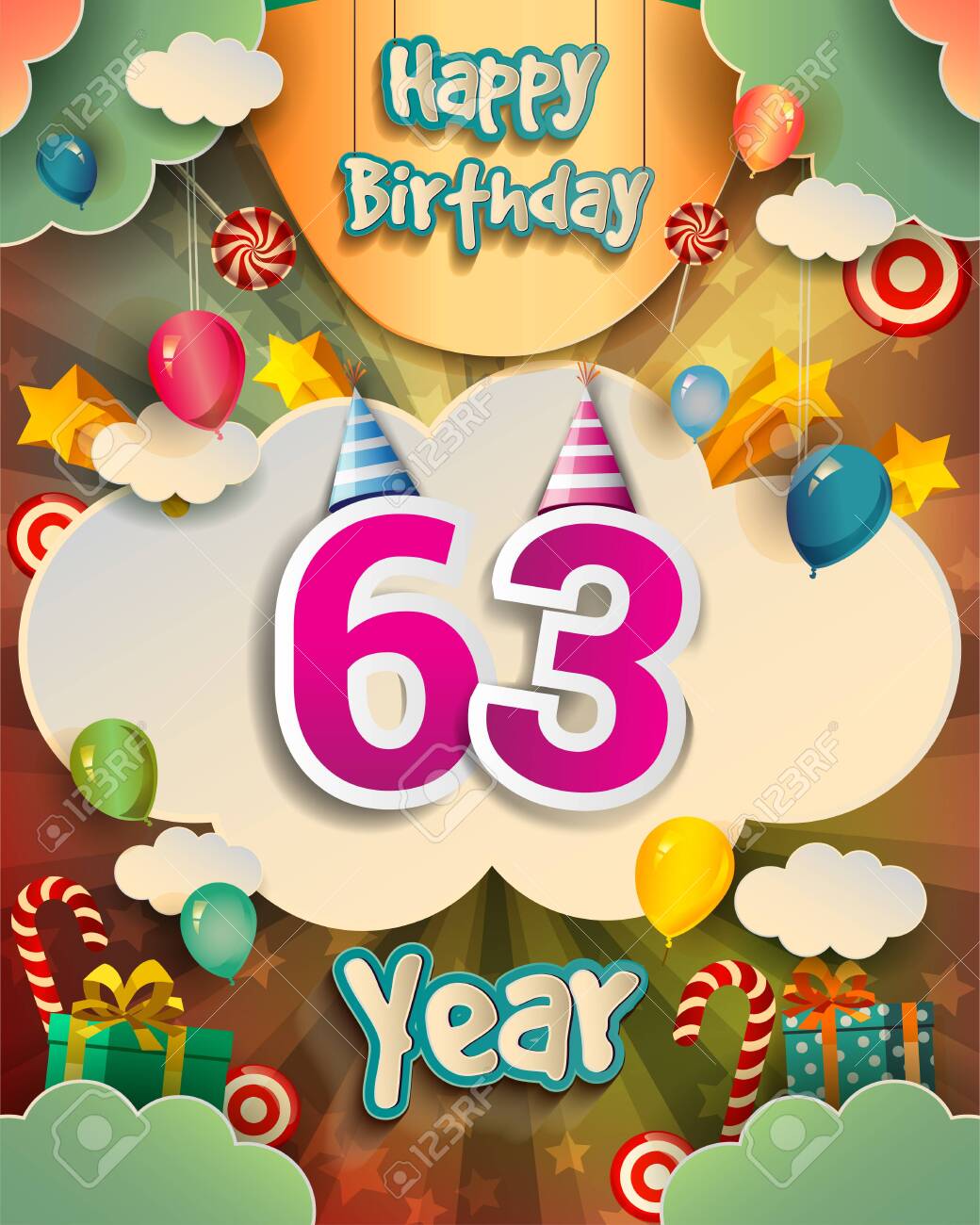 63rd Birthday Celebration Greeting Card Design With Clouds And Royalty Free Cliparts Vectors And Stock Illustration Image
