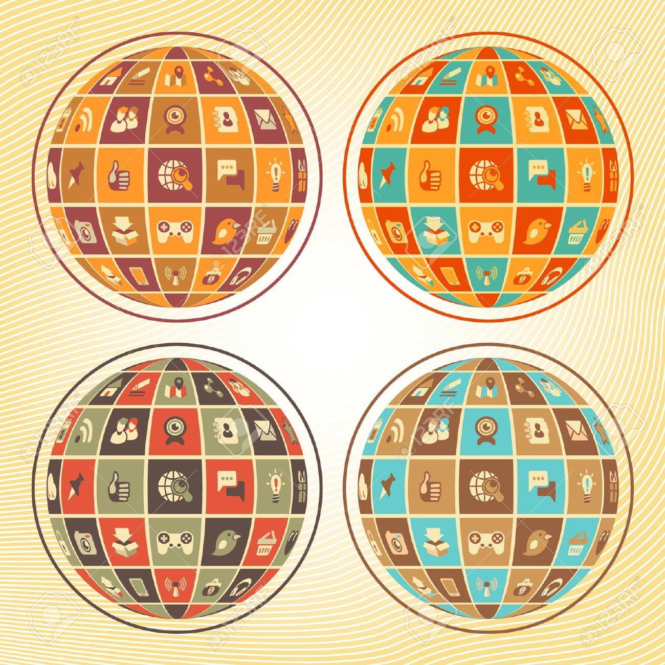 4 つのレトロな色の組み合わせでフラットの Web アイコンと球の形で社会的なネットワー キングの概念 のイラスト素材 ベクタ Image
