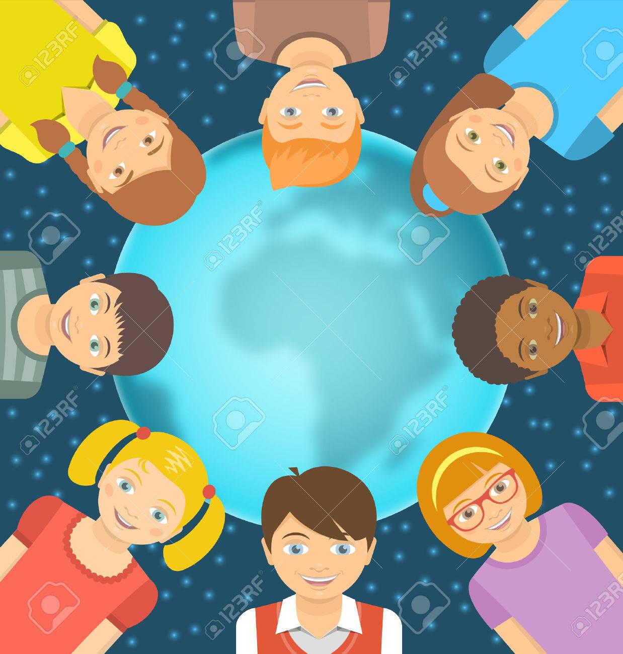 フラット ベクトル星空の前に地球の周りの異なる人種の子供の概念図 世界幼年期の友情 コピーのテキストのための領域とぼやけた世界に幸せな子供たちの笑顔 のイラスト素材 ベクタ Image