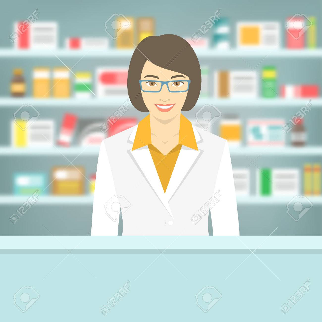 薬棚の向かいの薬局のカウンターで笑顔若い魅力的な女性薬剤師のモダンなフラット ベクトル イラスト 健康管理の概念がぼやけて背景のイラスト素材 ベクタ Image 薬棚の向かいの薬局のカウンターで笑顔若い魅力的な女性薬剤師のモダンなフラット ベクトル イラスト 健康管理の概念がぼやけて背景のイラスト素材 ベクタ Image