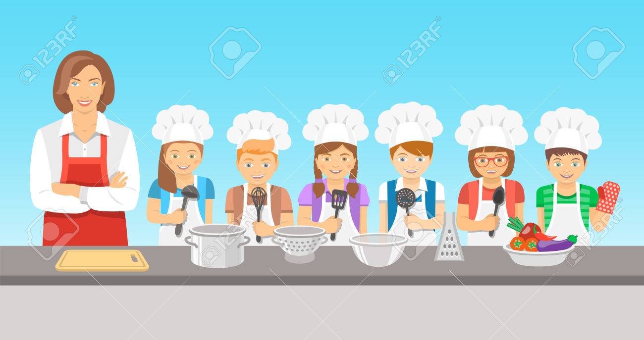 Kids cooking class flat illustration. Group of happy fun children, boys and girls in chef hats and aprons with kitchen equipment, cook food with an adult. Culinary education party with woman teacher - 54496714 Kids cooking class flat illustration. Group of happy fun children, boys and girls in chef hats and aprons with kitchen equipment, cook food with an adult. Culinary education party with woman teacher - 54496714
