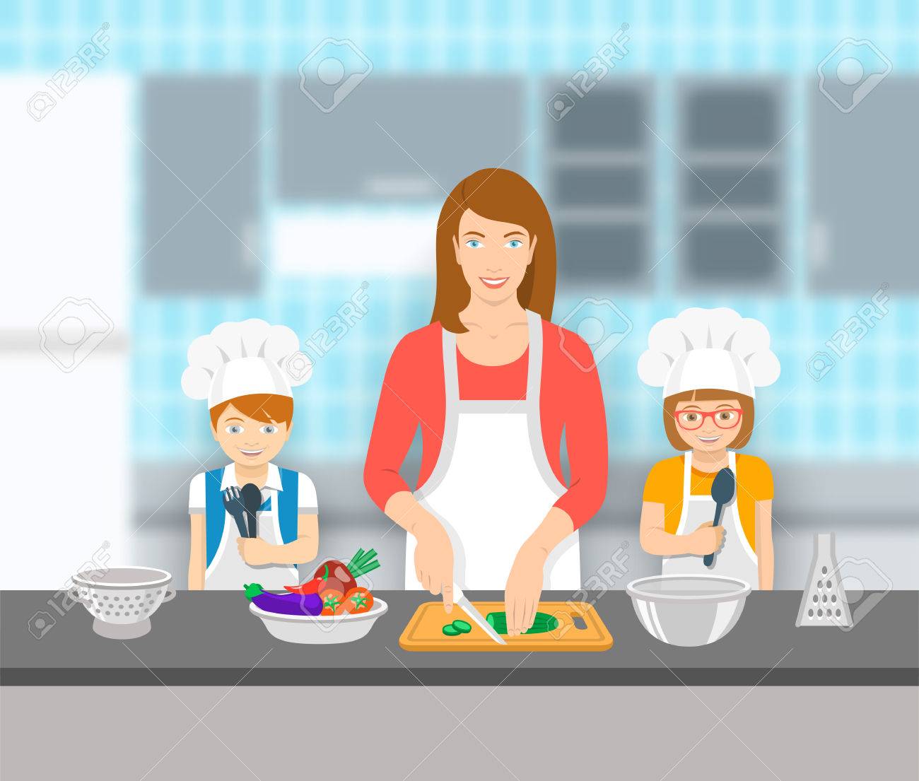 母親と子供が一緒にキッチンで料理します お母さんは 幸せの幼い息子と娘を助ける彼女のサラダのための野菜をカットします 家族の国内娯楽背景 フラットの図 のイラスト素材 ベクタ Image