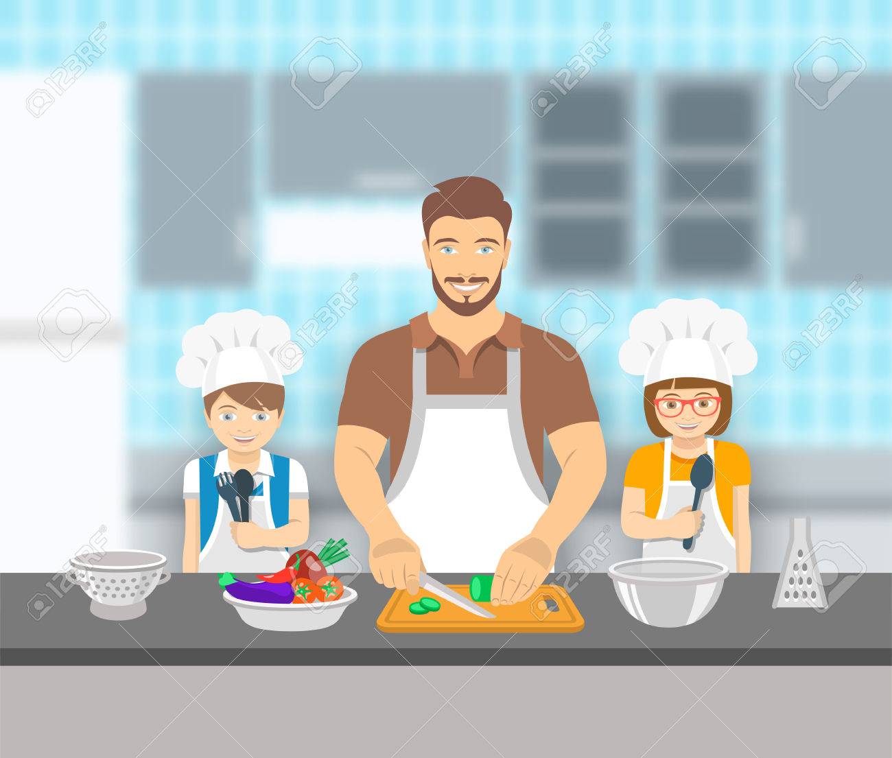 Vettoriale Padre E Bambini Che Cucinano Insieme Ad Una Cucina Papa Taglia Verdure Per Insalata Piccolo Figlio Felice E La Figlia Lo Aiutano Famiglia Europea Passatempo Nazionale Di Fondo Illustrazione Piatta