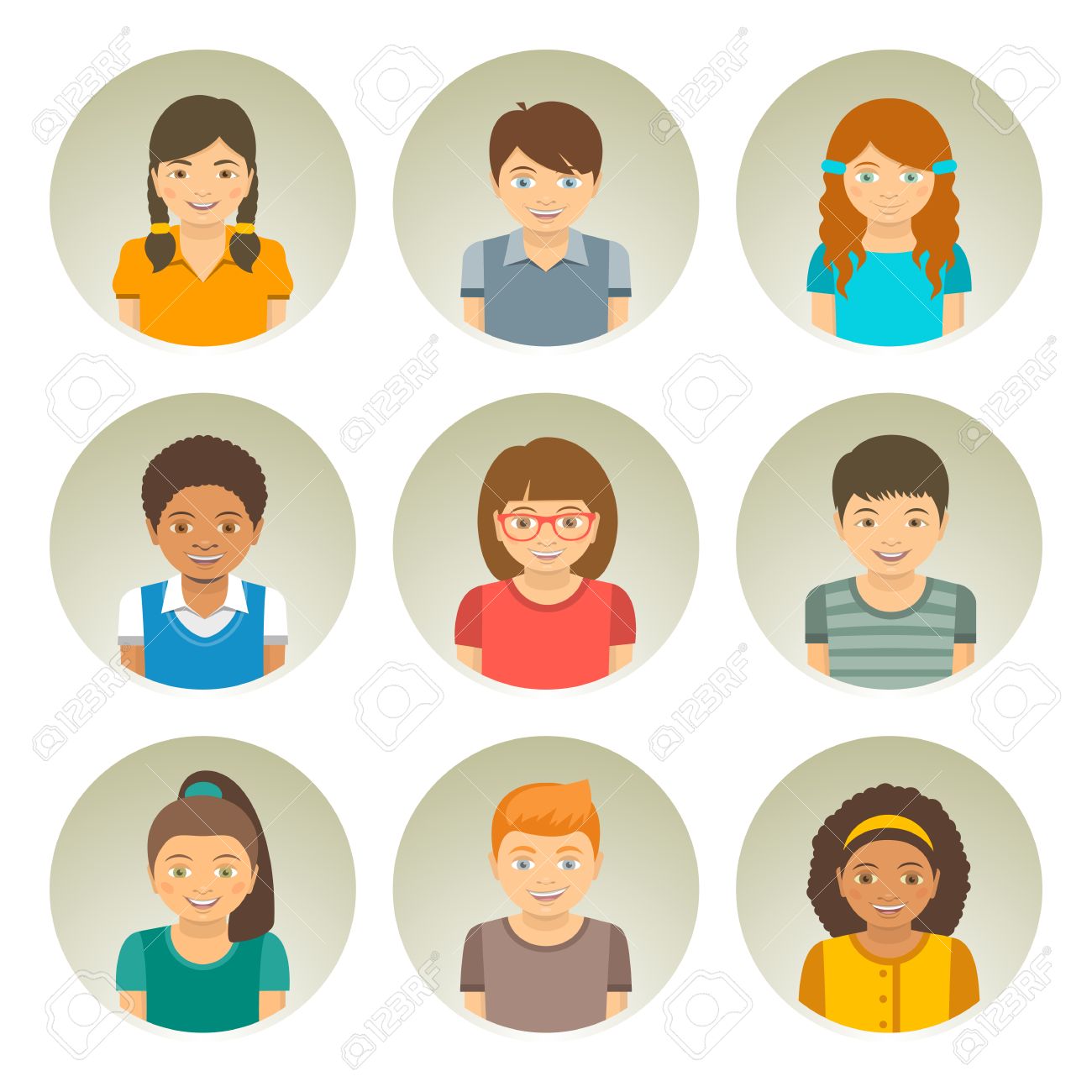 Kids of different races round flat avatars. Happy smiling Caucasian, African American and Asian boys and girls faces. Children characters profile pictures. Portrait infographic cartoon elements - 55146354 Kids of different races round flat avatars. Happy smiling Caucasian, African American and Asian boys and girls faces. Children characters profile pictures. Portrait infographic cartoon elements - 55146354