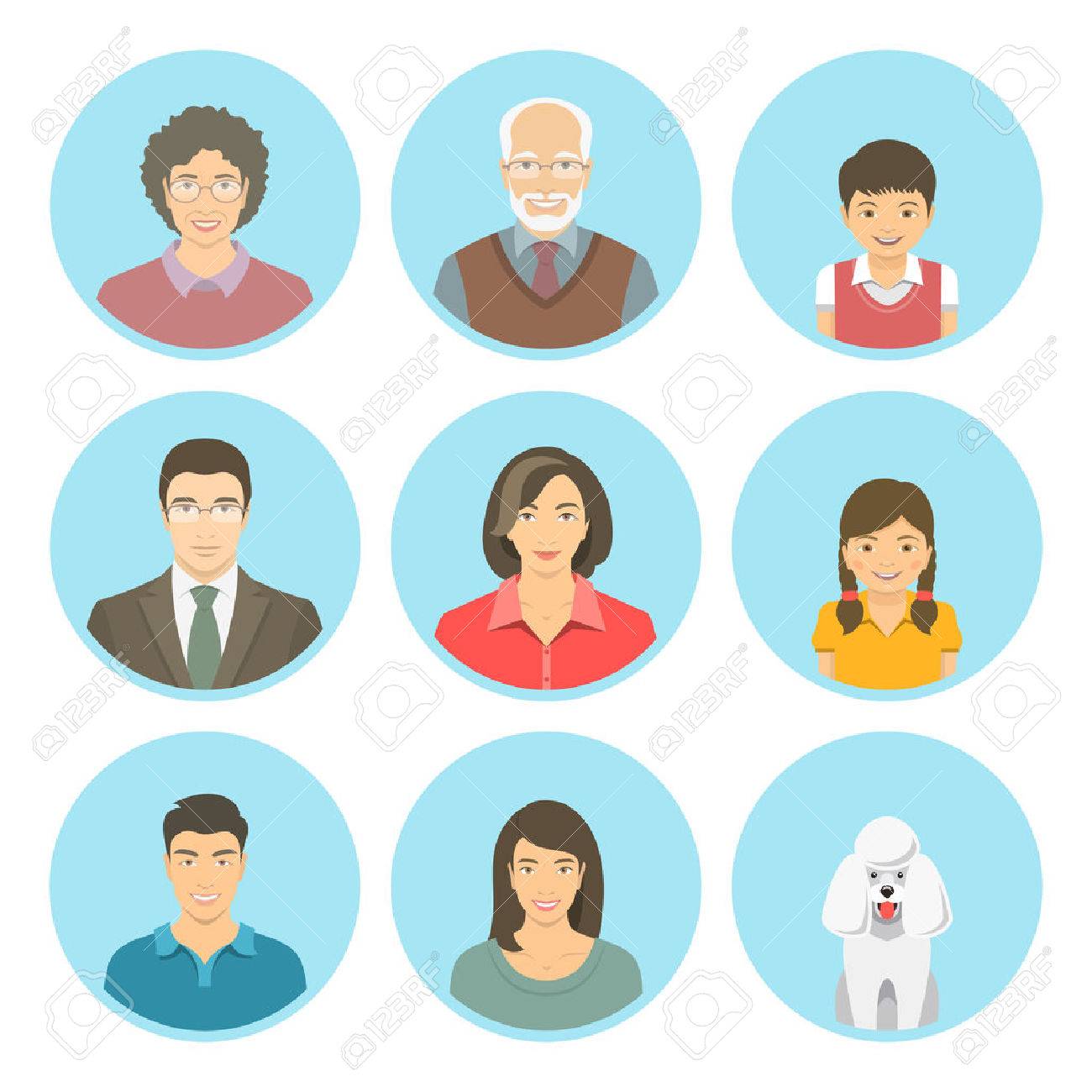 アジア家族フラット ベクトル アバター セットに直面しています 家族三代 母と父 息子 娘 祖母 祖父と犬のアイコン 家系図の肖像画のインフォ グラフィックの要素 のイラスト素材 ベクタ Image