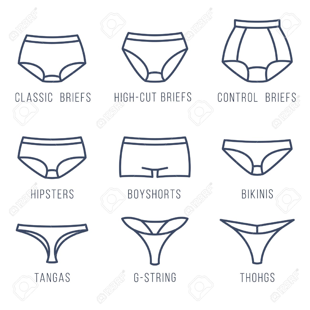 Tipos Bragas Femeninas Iconos De Líneas Delgadas Planas. Mujer Colección De Estilos De Moda De Ropa Interior. Vista Frontal. Ropa Interior De Elementos De Diseño Escritos Clásicos, Bikini,