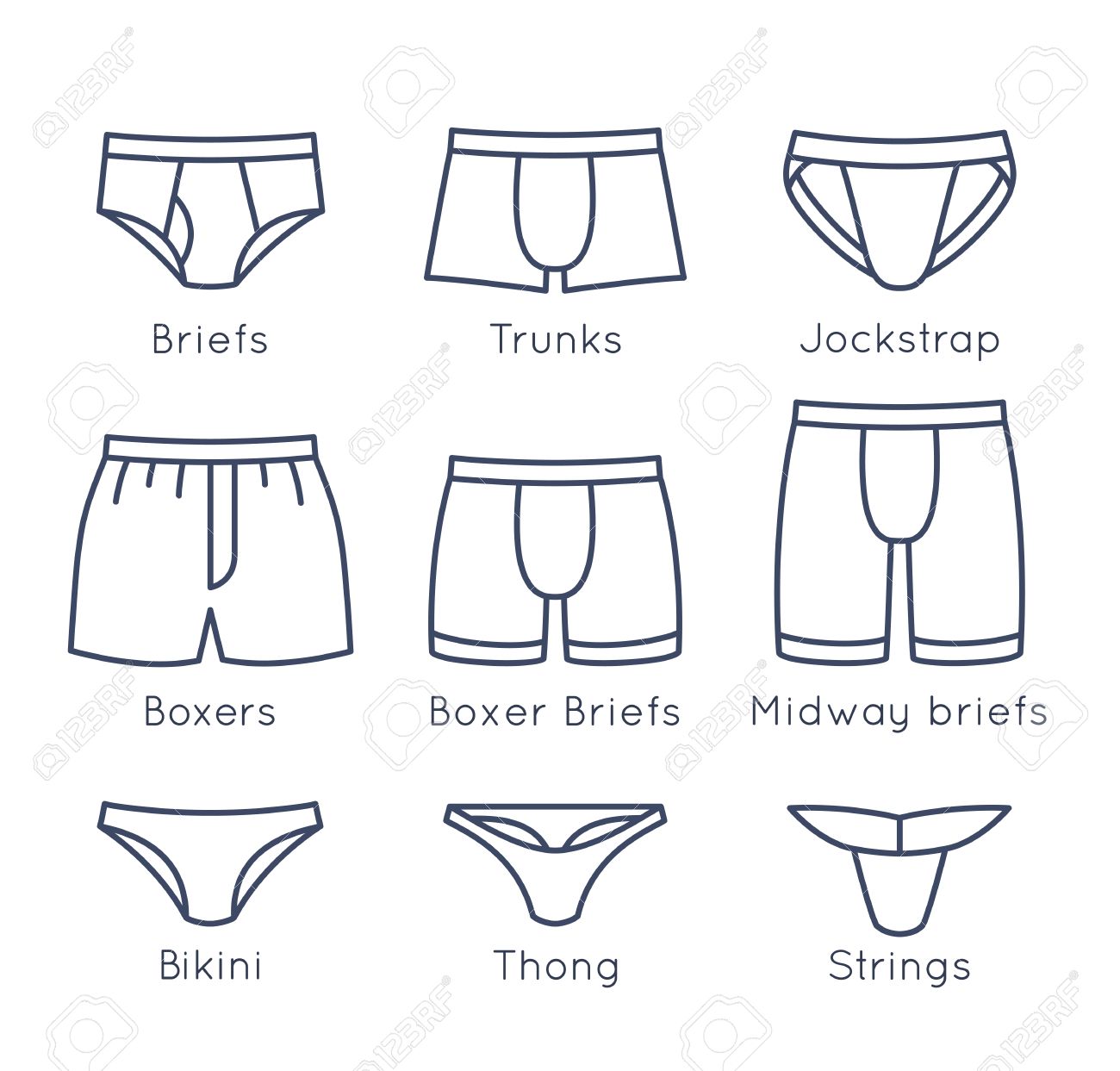 Configurar Los Tipos De Ropa Interior Planas Iconos De Líneas Finas. Hombre Informa A La Colección Lineal Estilos De Moda. Vista Frontal. Ropa Interior De Elementos De Infografía. Clásicos Calzoncillos, Boxeadores,