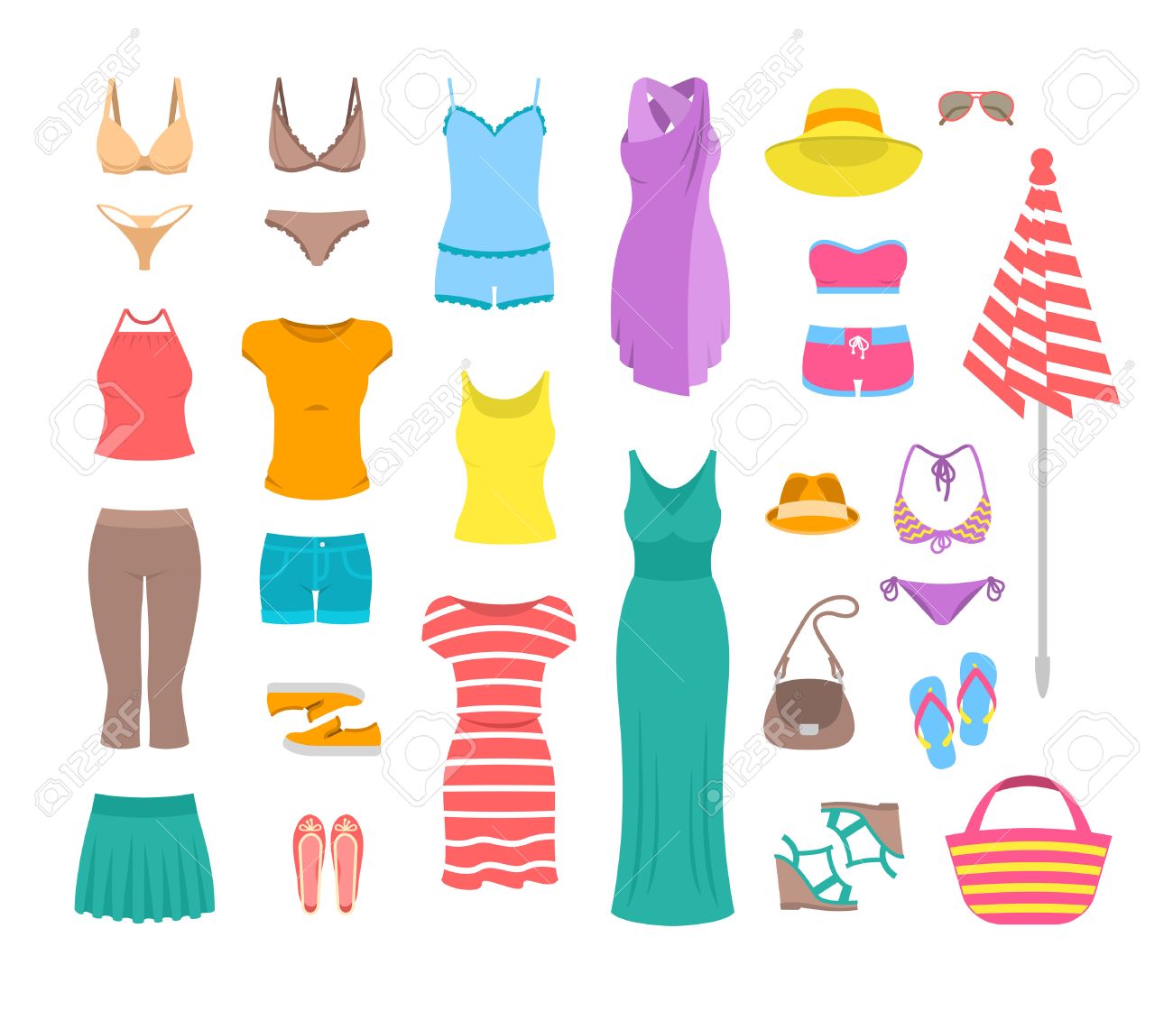 Summer female outfit flat icons. Women clothes and accessories collection for summer vacation. Casual fashion infographic elements. Basic tops, skirt, shorts, shoes, dresses, beach clothing - 58595676 Summer female outfit flat icons. Women clothes and accessories collection for summer vacation. Casual fashion infographic elements. Basic tops, skirt, shorts, shoes, dresses, beach clothing - 58595676
