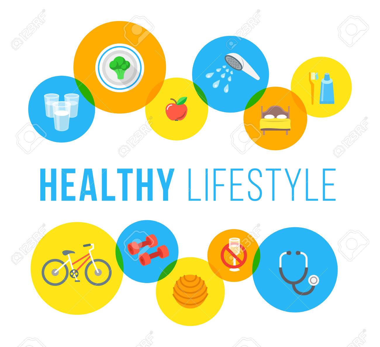 Healthy living flat vector banner. Healthcare and wellness lifestyle background. Regular exercises, daily physical activity, good food, sleep, hygiene, medical exam icons. Fitness infographic elements - 59482585 Healthy living flat vector banner. Healthcare and wellness lifestyle background. Regular exercises, daily physical activity, good food, sleep, hygiene, medical exam icons. Fitness infographic elements - 59482585