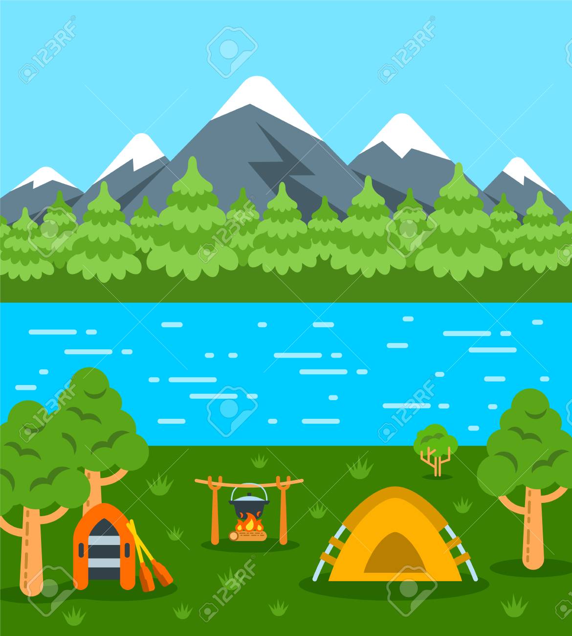 夏キャンプの背景 ベクトル フラット イラスト 山 森 川と自然の景観 のイラスト素材 ベクタ Image