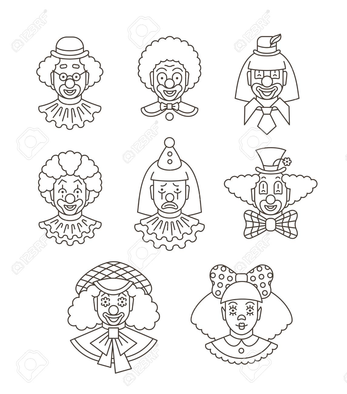 ピエロの顔は細い線のアバターを設定します ベクトルフラット線形アイコン 漫画のイラスト サーカスの男性と女の子は 異なるメイク 髪や帽子でアウトラインの肖像画を笑顔のイラスト素材 ベクタ Image 95742205